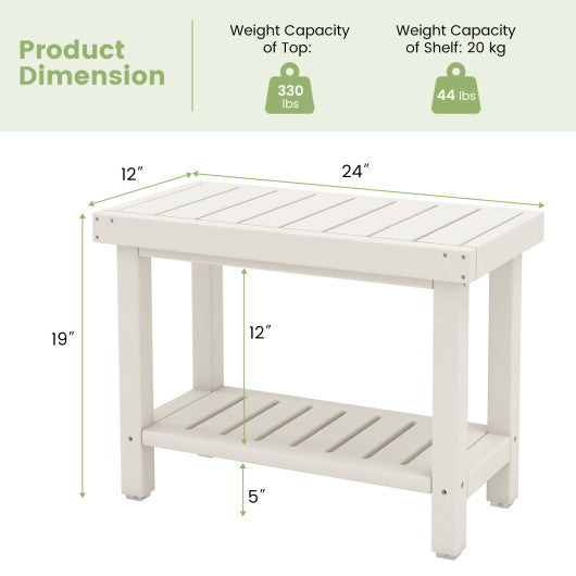 2-Tier Heavy Duty HDPE Shower Chair with Storage Shelf and Anti-slip Foot Pads-White