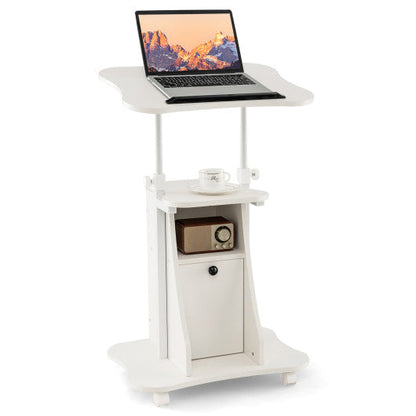 Adjustable Mobile Standing Desk Cart with Tilt Desktop and Cabinet-White