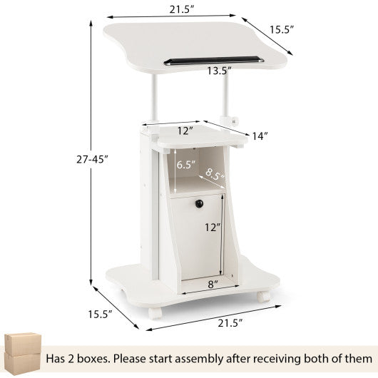 Adjustable Mobile Standing Desk Cart with Tilt Desktop and Cabinet-White