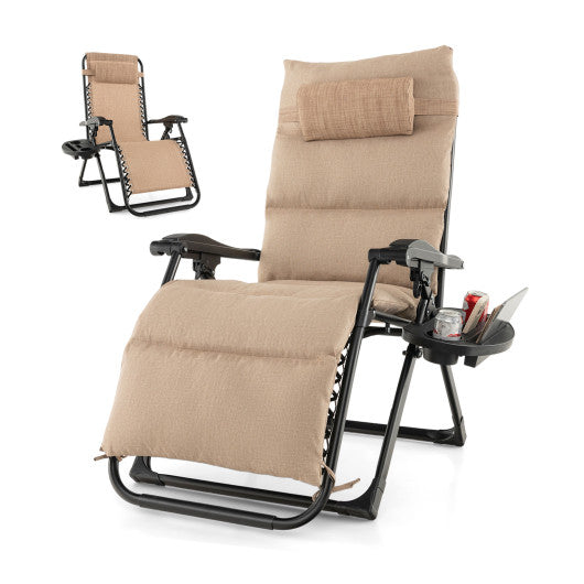 Adjustable Metal Zero Gravity Lounge Chair with Removable Cushion and Cup Holder Tray-Beige