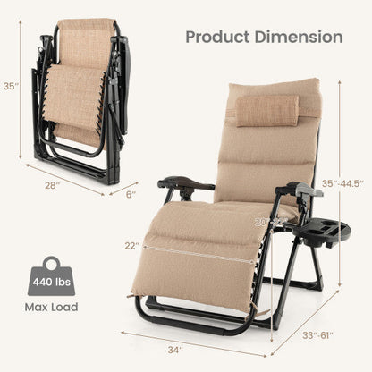 Adjustable Metal Zero Gravity Lounge Chair with Removable Cushion and Cup Holder Tray-Beige