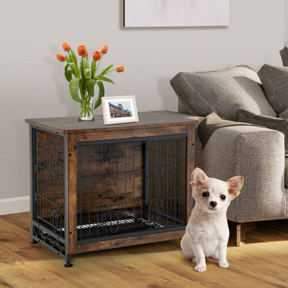 Wooden Dog Crate Furniture with Tray and Double Door-Brown