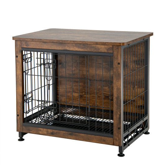 Wooden Dog Crate Furniture with Tray and Double Door-Brown