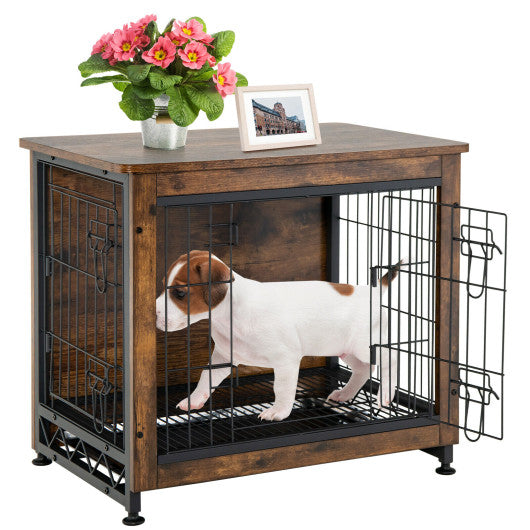 Wooden Dog Crate Furniture with Tray and Double Door-Brown