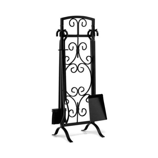 5 Piece Wrought Iron Fireplace Tools with Decor Holder-Black