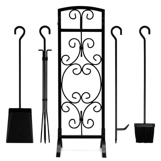 5 Piece Wrought Iron Fireplace Tools with Decor Holder-Black