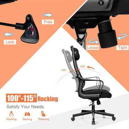 Adjustable Mesh Office Chair with Heating Support Headrest-Black