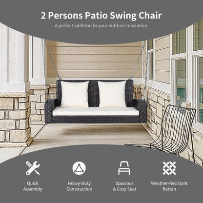 2-Person Patio Rattan Porch Swing with Cushions-White