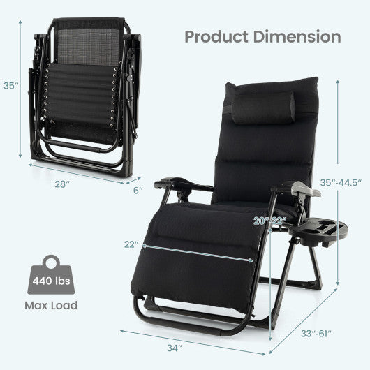 Adjustable Metal Zero Gravity Lounge Chair with Removable Cushion and Cup Holder Tray-Black