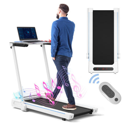 3-in-1 Folding Treadmill with Large Desk and LCD Display-White