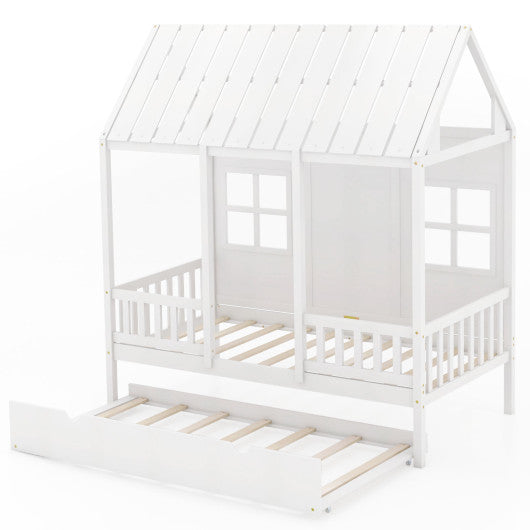 Twin Size Bed Frame House Bed with Trundle and 82 Inch Tall Roof-White