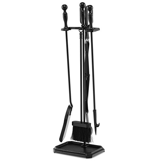 5-Piece Fireplace Tool Set with Tong Brush Shovel Poker Stand-Black