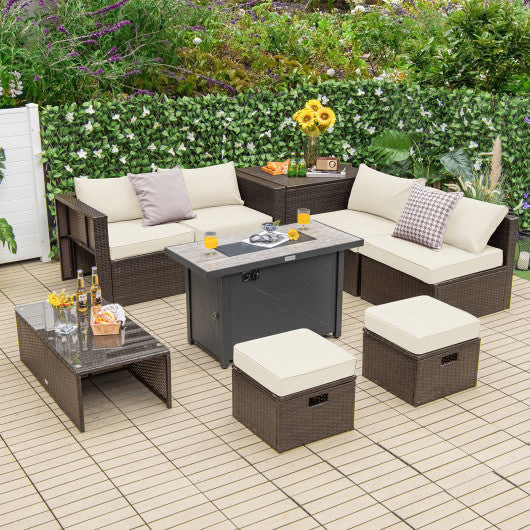 9 Pieces Outdoor Patio Furniture Set with 42 Inch Propane Fire Pit Table-White