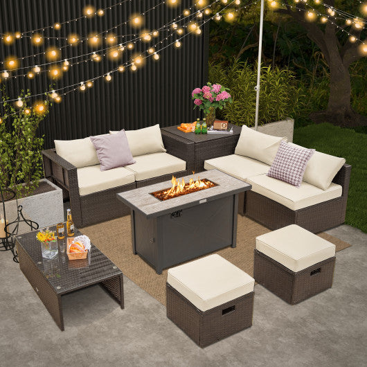 9 Pieces Outdoor Patio Furniture Set with 42 Inch Propane Fire Pit Table-White