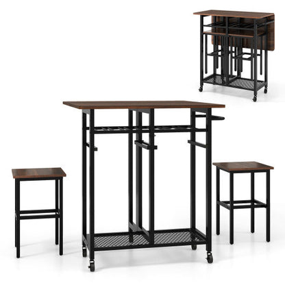 3 Piece Dining Table Set with 6-Bottle Wine Rack-Brown