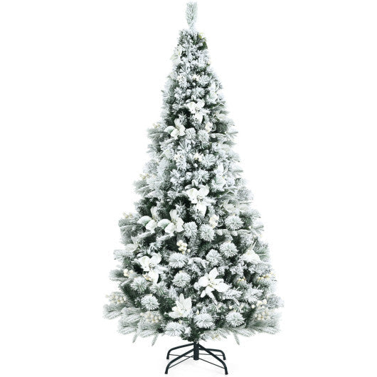 6 Feet Snow Flocked Hinged Christmas Tree with Berries and Poinsettia Flowers