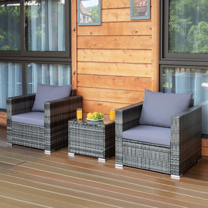 3 Pcs Patio Rattan Furniture Bistro Sofa Set with Cushioned-Gray