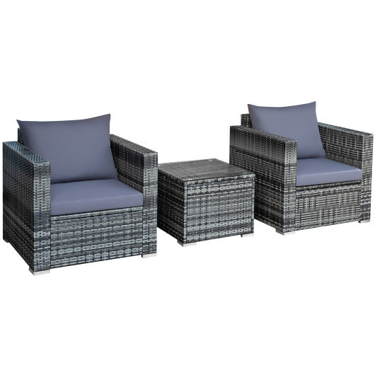 3 Pcs Patio Rattan Furniture Bistro Sofa Set with Cushioned-Gray