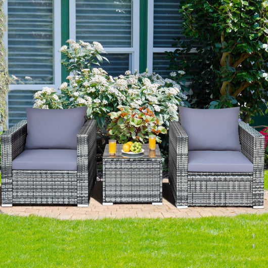 3 Pcs Patio Rattan Furniture Bistro Sofa Set with Cushioned-Gray