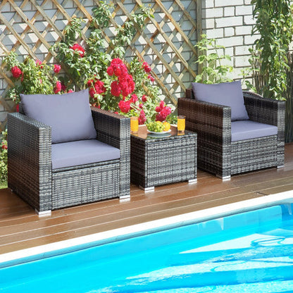 3 Pcs Patio Rattan Furniture Bistro Sofa Set with Cushioned-Gray