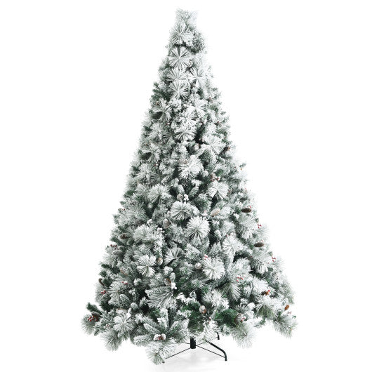 8 Feet Snow Flocked Christmas Tree Glitter Tips with Pine Cone and Red Berries