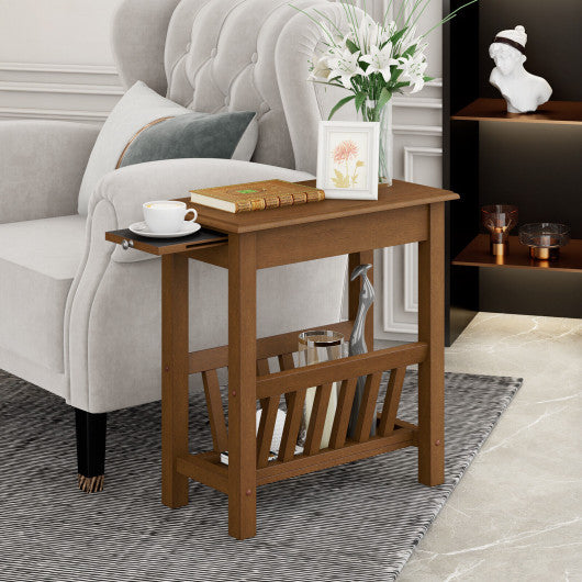 2-Tier End Table with Pull-out Tray and Solid Rubber Wood Legs-Natural