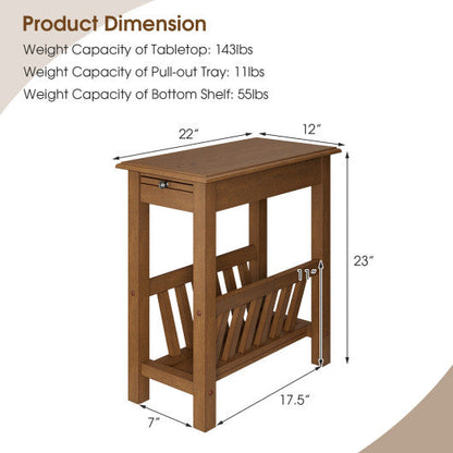 2-Tier End Table with Pull-out Tray and Solid Rubber Wood Legs-Natural