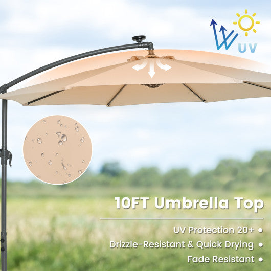 10 Feet Cantilever Umbrella with 32 LED Lights and Solar Panel Batteries-Beige