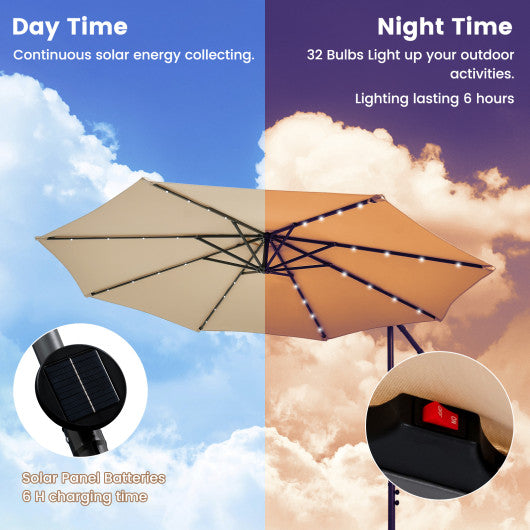 10 Feet Cantilever Umbrella with 32 LED Lights and Solar Panel Batteries-Beige