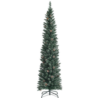 Snowy Artificial Pencil Christmas Tree with Pine Cones-7 ft