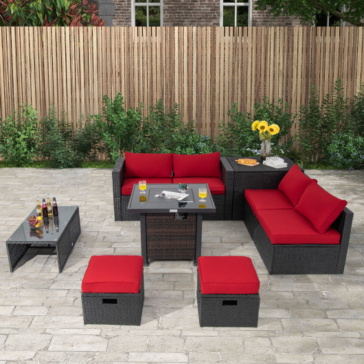 9 Pieces Patio Furniture Set with 32” Fire Pit Table and 50000 BTU Square Propane Fire Pit-Red