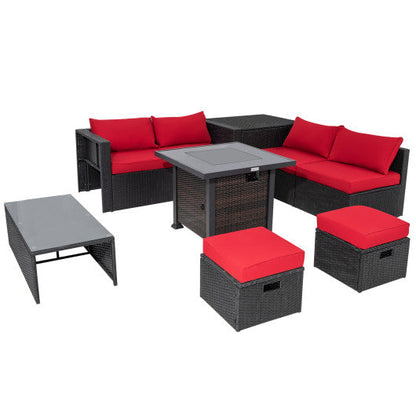 9 Pieces Patio Furniture Set with 32” Fire Pit Table and 50000 BTU Square Propane Fire Pit-Red