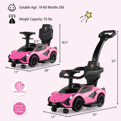 3 in 1 Licensed Lamborghini Ride Walking Toy Stroller-Pink