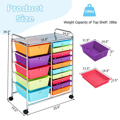 15-Drawer Utility Rolling Organizer Cart Multi-Use Storage-Multicolor