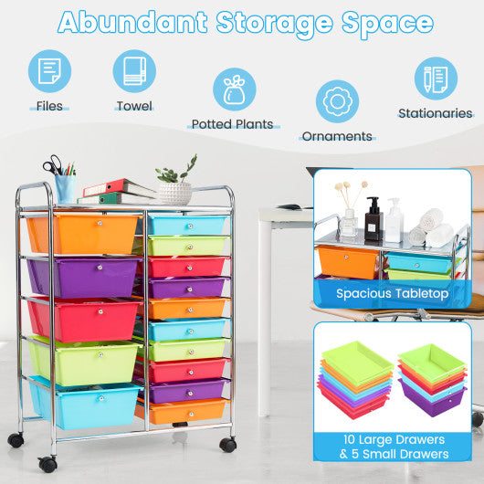 15-Drawer Utility Rolling Organizer Cart Multi-Use Storage-Multicolor