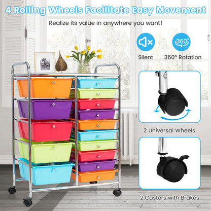 15-Drawer Utility Rolling Organizer Cart Multi-Use Storage-Multicolor