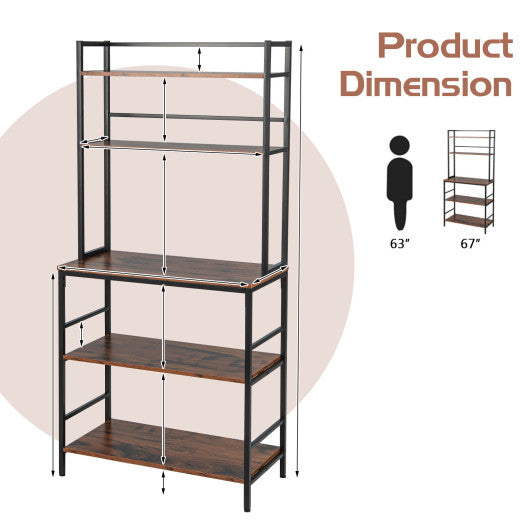 5-Tier Kitchen Bakers Rack with Hutch and Open Shelves-Rustic Brown