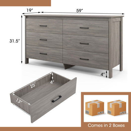 6-Drawer Wide Dresser Chest with Center Support and Anti-tip Kit-Gray