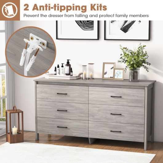 6-Drawer Wide Dresser Chest with Center Support and Anti-tip Kit-Gray