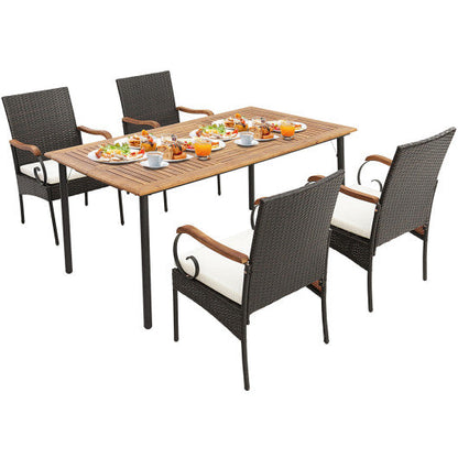 5 Pieces Patio Wicker Dining Set with Detachable Cushion and Umbrella Hole