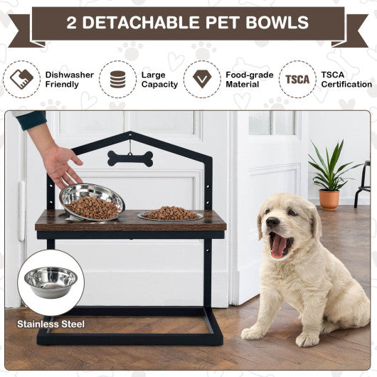 5 Heights Elevated Pet Feeder with 2 Detachable Stainless Steel Bowl-Brown