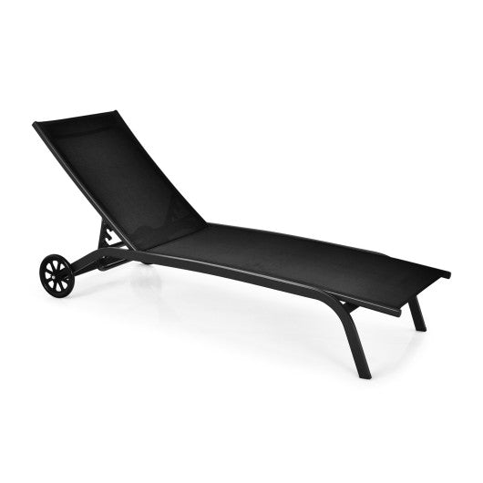 6-Poisition Adjustable Outdoor Chaise Recliner with Wheels-Black