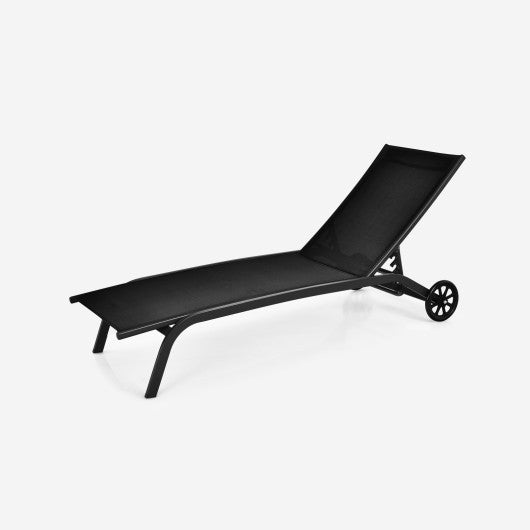 6-Poisition Adjustable Outdoor Chaise Recliner with Wheels-Black