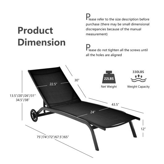 6-Poisition Adjustable Outdoor Chaise Recliner with Wheels-Black