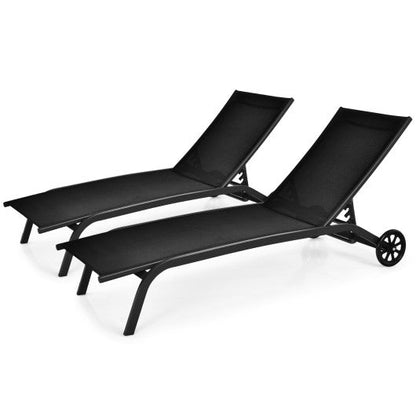 6-Poisition Adjustable Outdoor Chaise Recliner with Wheels-Black