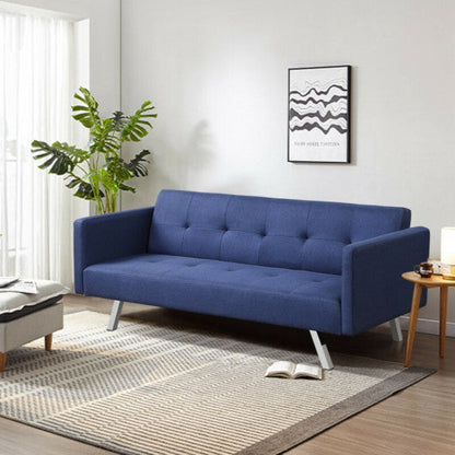 3 Seat Convertible Linen Fabric Futon Sofa with USB and Power Strip-Blue