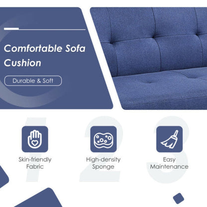 3 Seat Convertible Linen Fabric Futon Sofa with USB and Power Strip-Blue