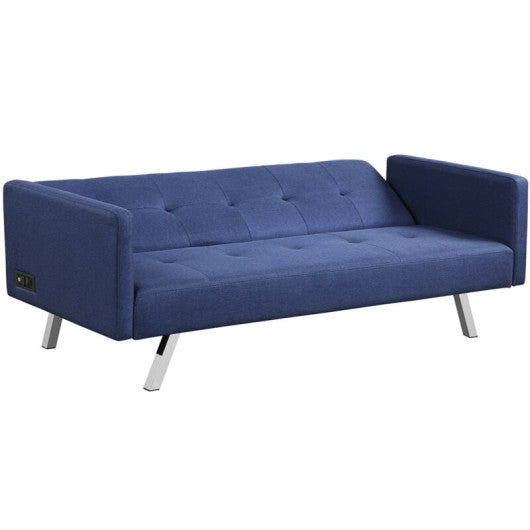 3 Seat Convertible Linen Fabric Futon Sofa with USB and Power Strip-Blue