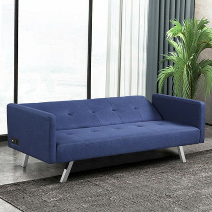 3 Seat Convertible Linen Fabric Futon Sofa with USB and Power Strip-Blue