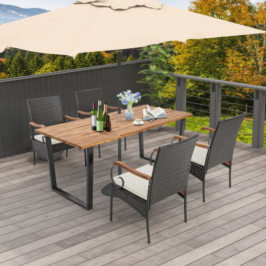 5 Pieces Patio Rattan Dining Set with Umbrella Hole for Poolside Backyard